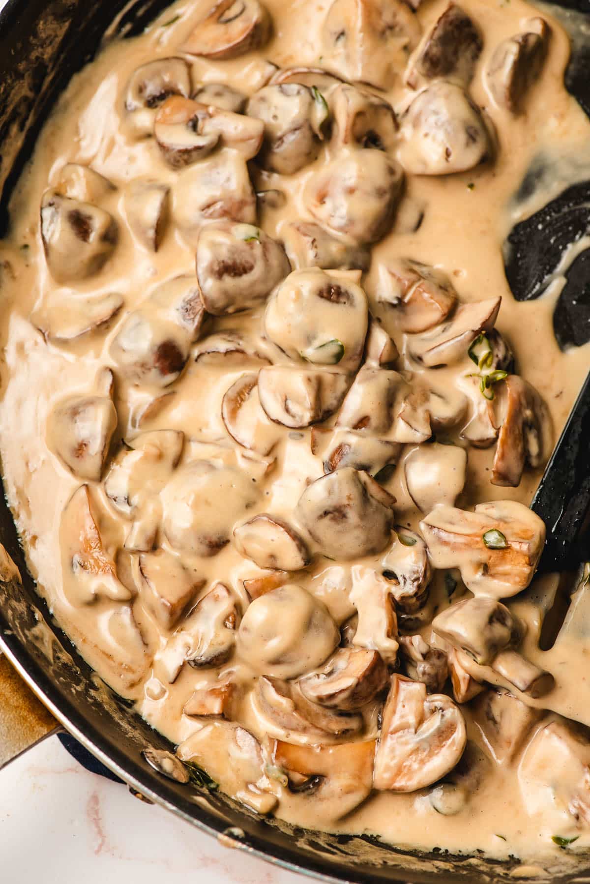 Creamy mushroom sauce with herbs and garlic in a pan.