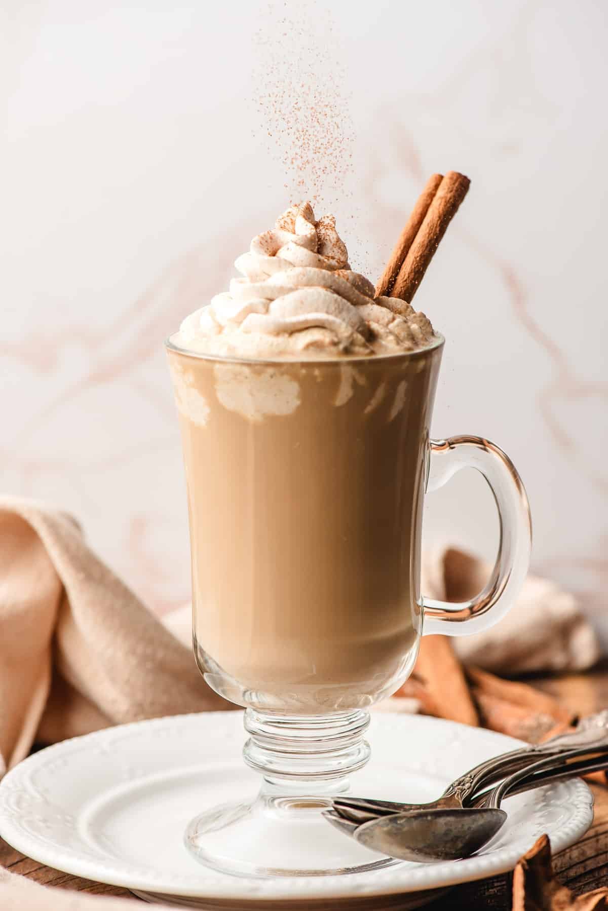 Cinnamon sprinkled over a latte piled high with whipped cream.