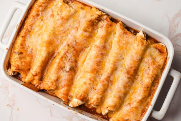 Freshly baked cheesy chicken enchiladas.