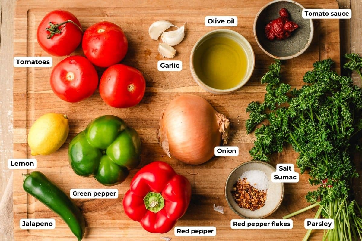 recipe ingredients on a wooden cutting board and labeled.