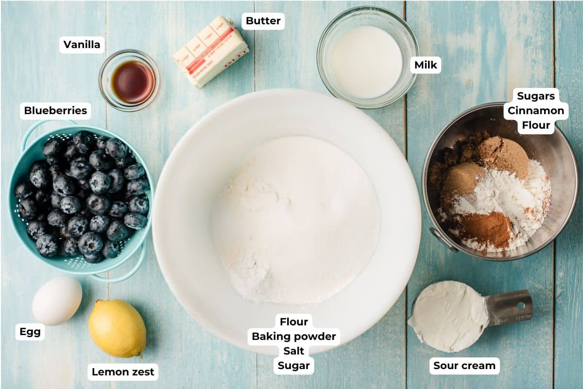 Blueberries, lemon, egg, vanilla butter, milk, sour cream, flours and sugars in prep bowls.