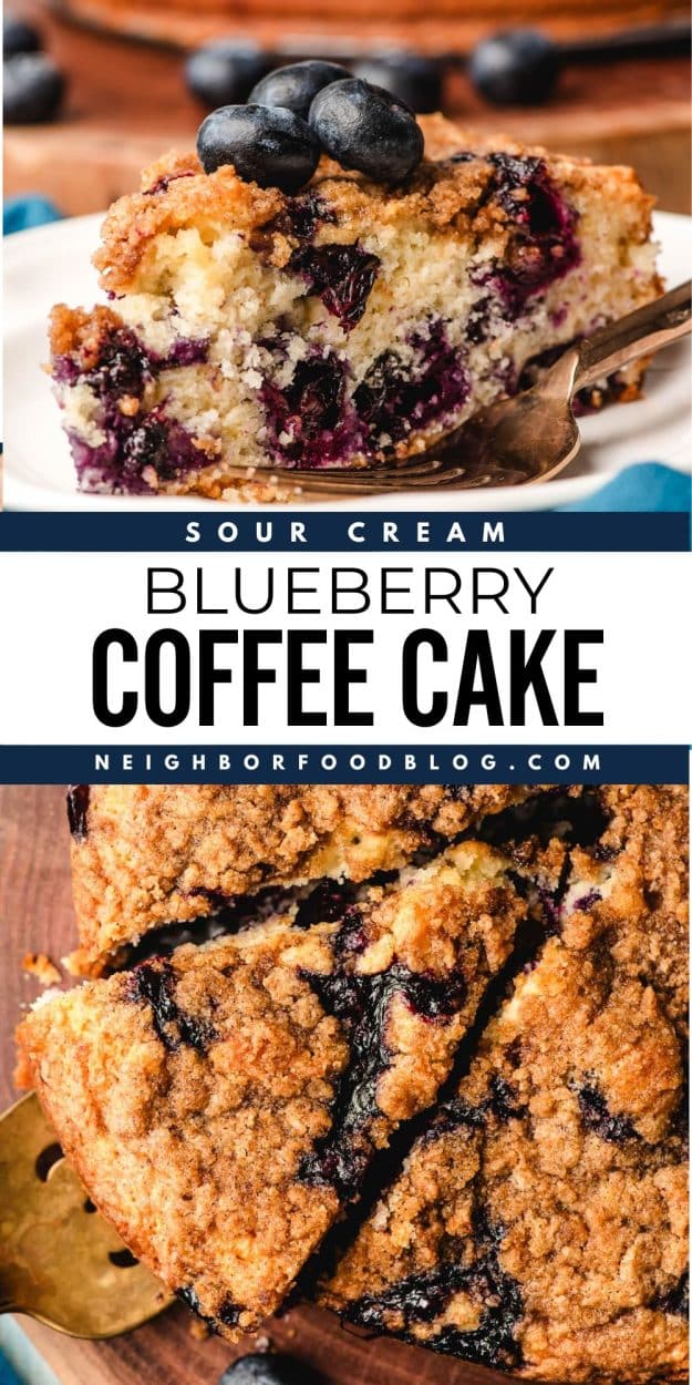 Slice of blueberry coffee cake on a plate, 2nd photo of a slice being served off the cake.
