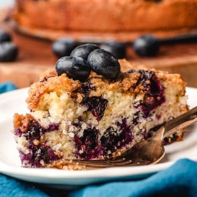 Slice of blueberry crumb coffee cake on a white plate.