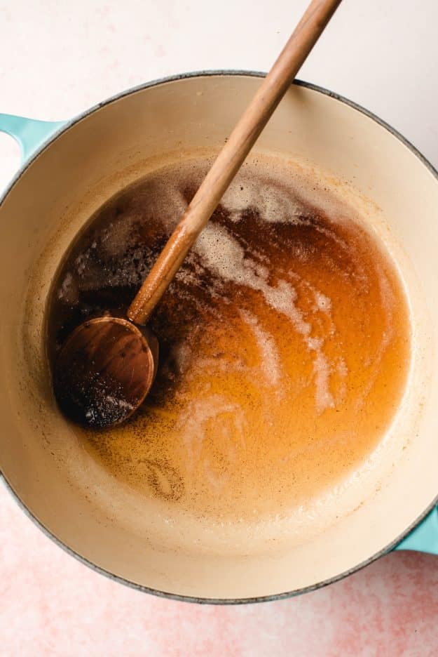 Browned butter in a Dutch oven.
