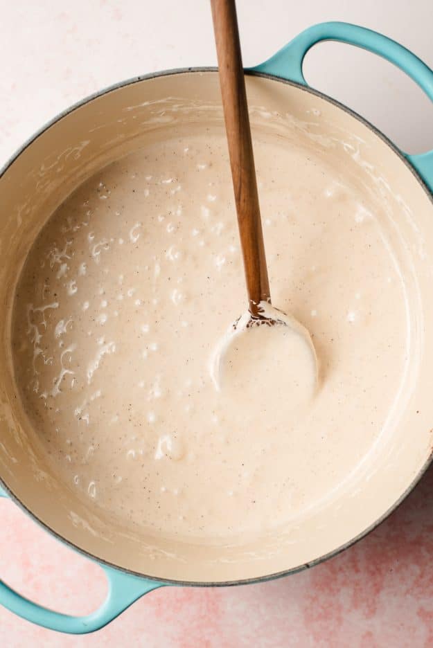 Marshmallows melted with butter in a Dutch oven.