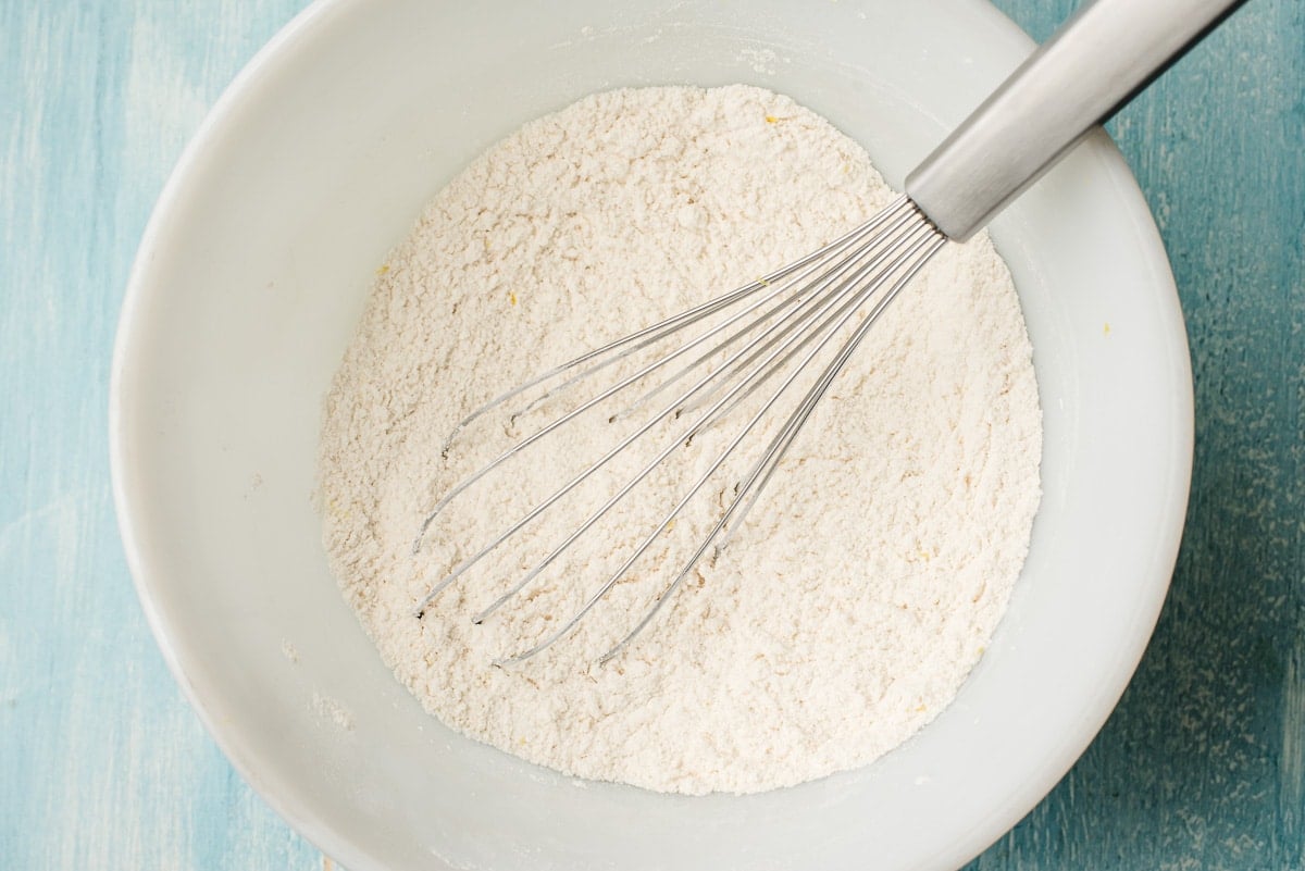 Flour, baking soda, salt, and sugar whisked together.