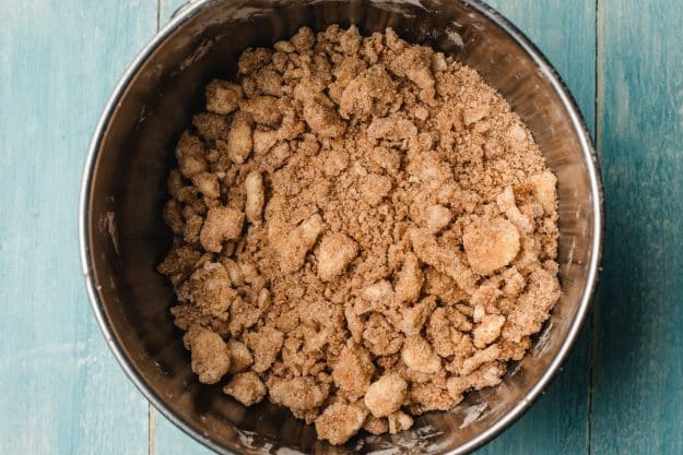Brown sugar and butter crumb topping in a bowl.