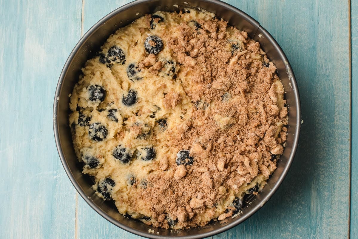 Blueberry coffee cake batter in a spring form pan, half topped with crumble.