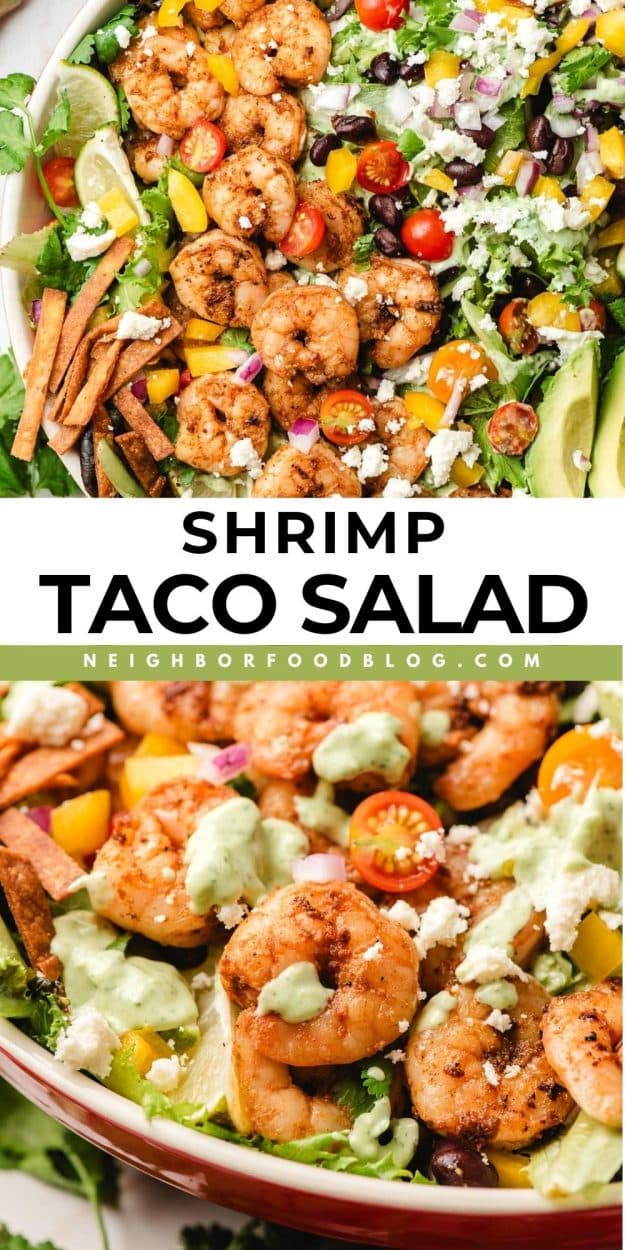 Two pictures in a collage of shrimp taco salad with creamy avocado dressing.