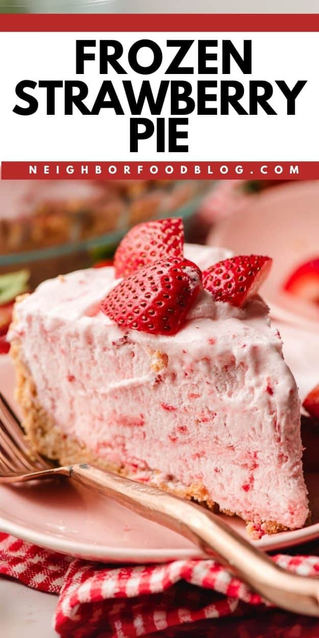 Slice of frozen strawberry pie topped with sliced strawberries.