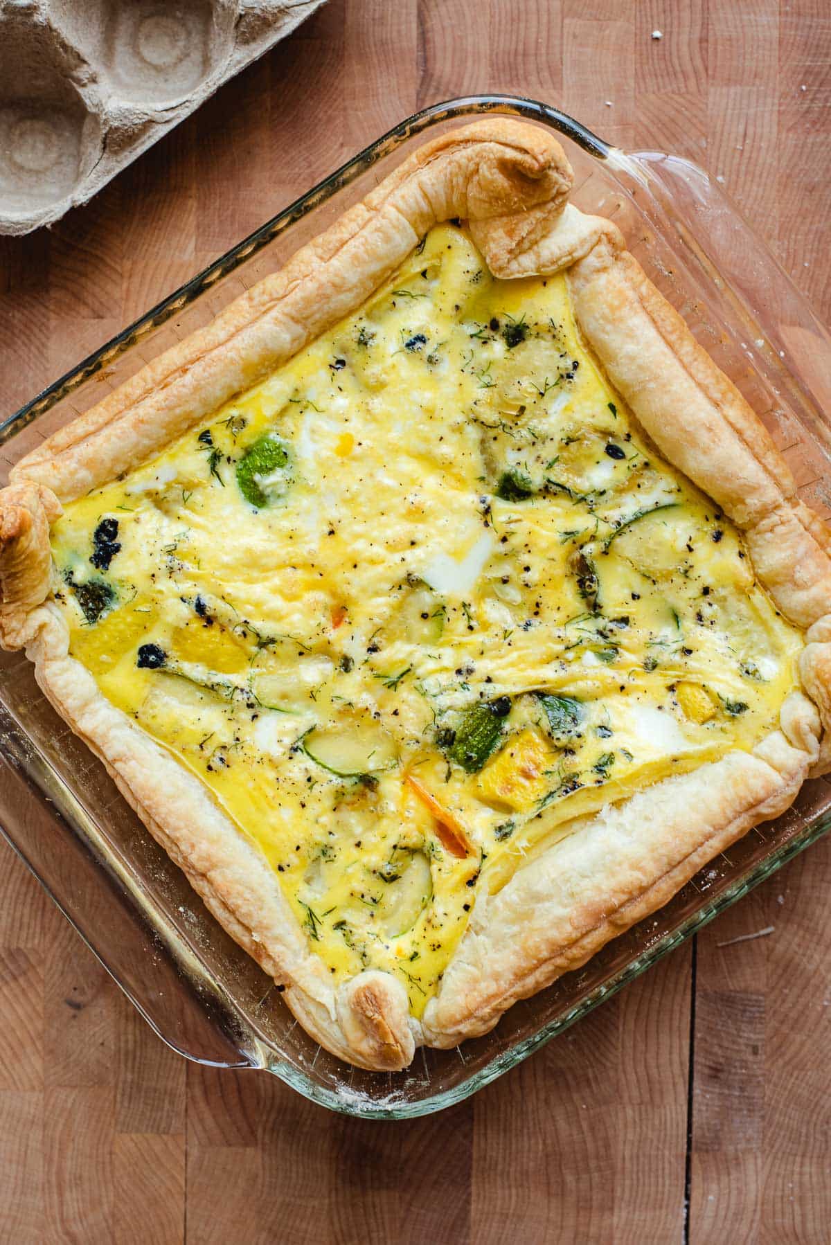 Puff pastry quiche with roasted veggies and feta cheese.