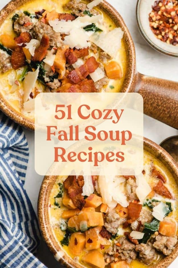 Our favorite cozy fall soup: sweet potato sausage soup shown in two bowls with handles.