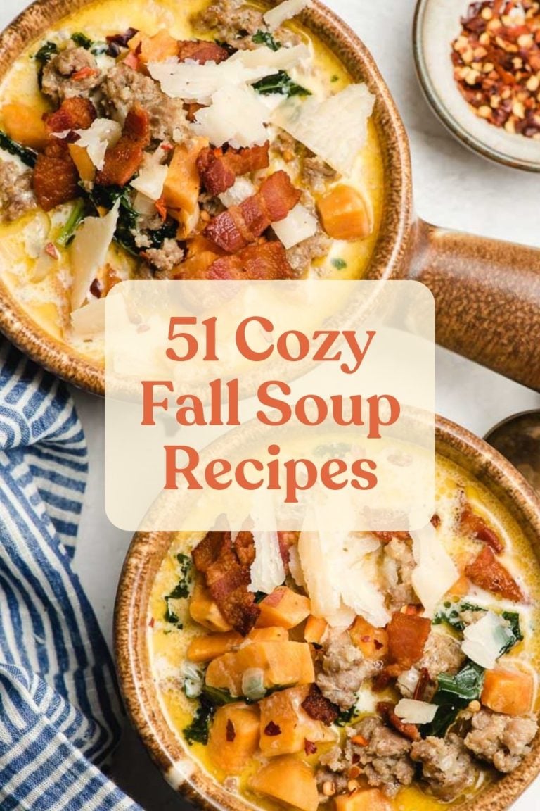 Our favorite cozy fall soup: sweet potato sausage soup shown in two bowls with handles.