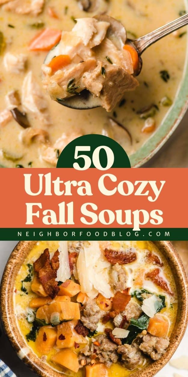 Two fall soups: creamy turkey soup and Italian sausage sweet potato soup shown in bowls.
