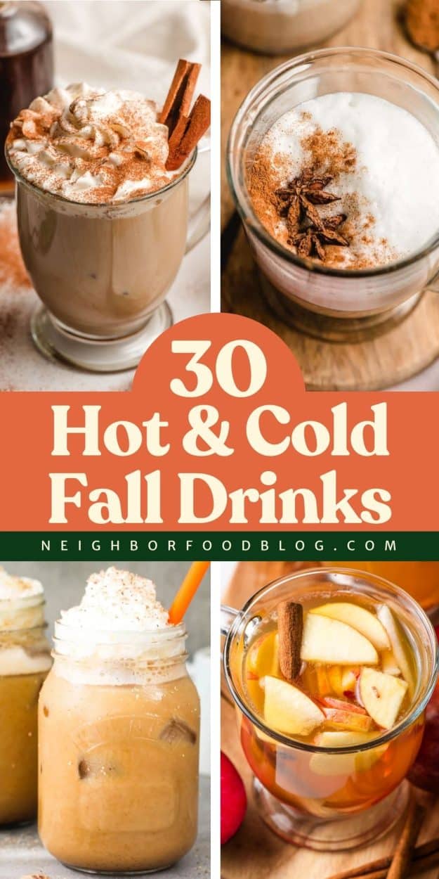 Four fall drinks in a collage: cinnamon lattes, chai lattes, iced pumpkin spice lattes, and fall sangria.