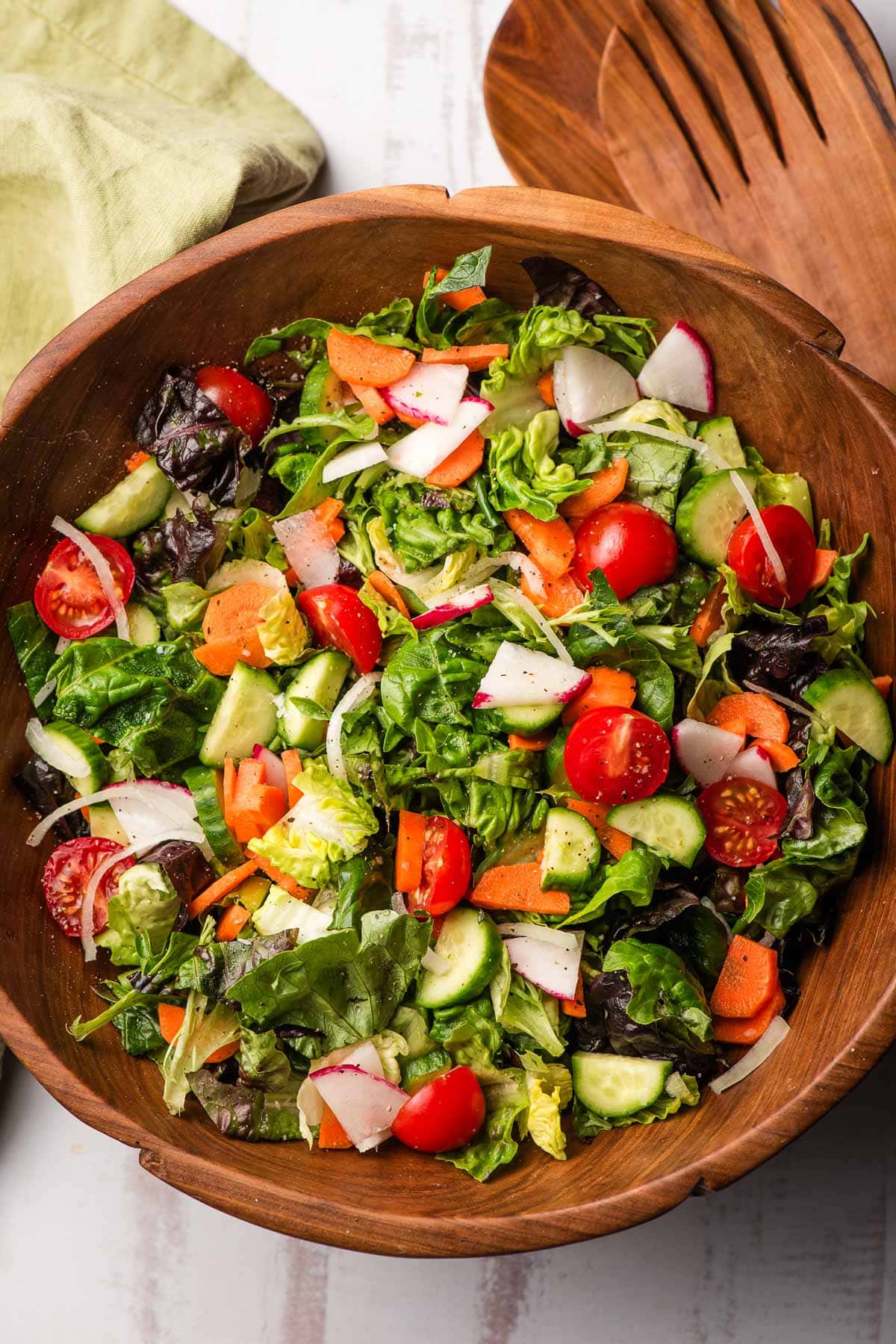 wooden bowl filled with garden salad