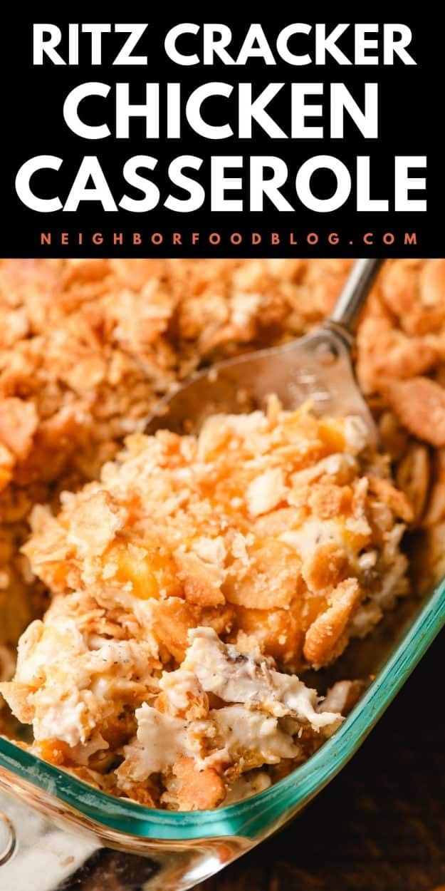 Spoonful of ritz cracker chicken casserole being scooped out of a dish