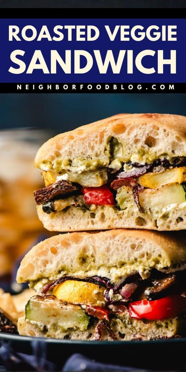 Stacked roasted veggie sandwiches.
