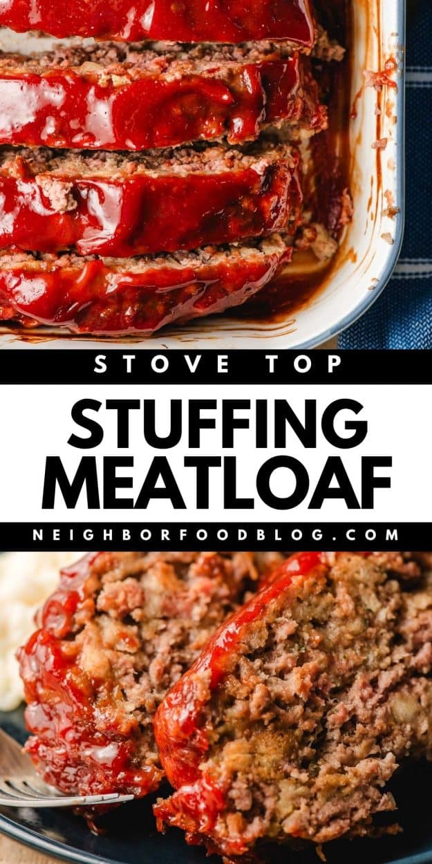 Meatloaf sliced in a baking dish on top, then two slices of stuffing meatloaf on a blue plate below.