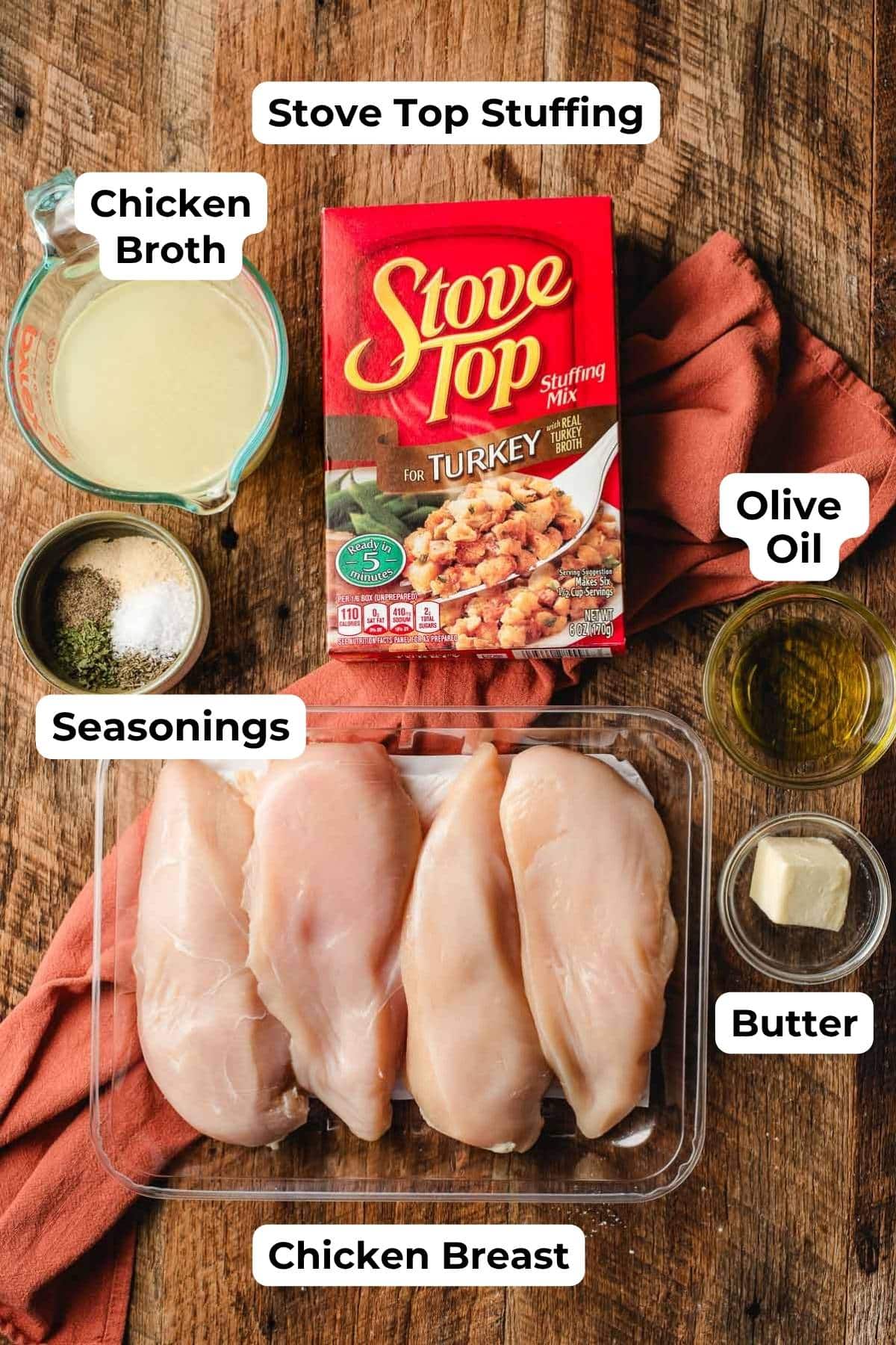 recipe ingredients for stuffing stuffed chicken including raw chicken, broth, seasonings, butter, and olive oil. 