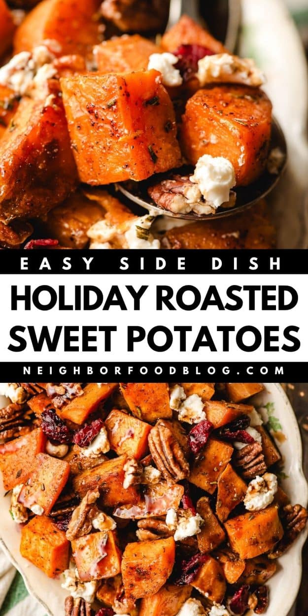 Spoonful of roasted sweet potatoes with candied nuts and goat cheese.