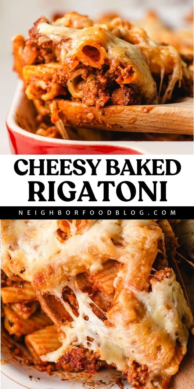 Spoonful of cheesy baked rigatoni with gooey cheese strings.