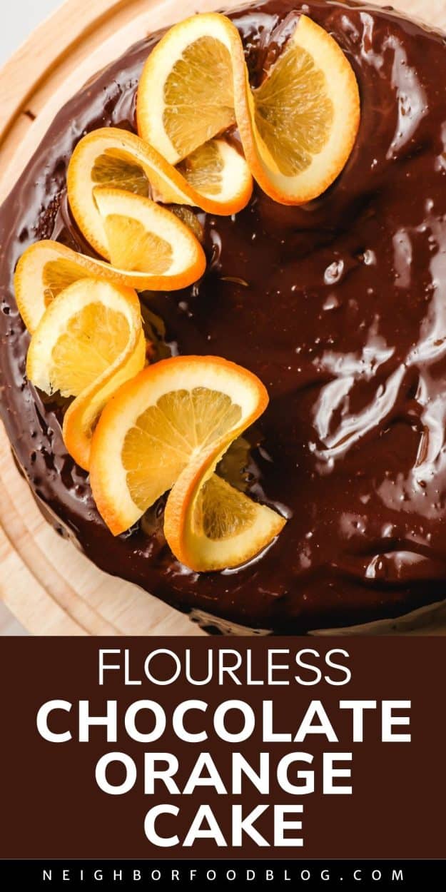 flourless chocolate orange cake with sliced oranges on top