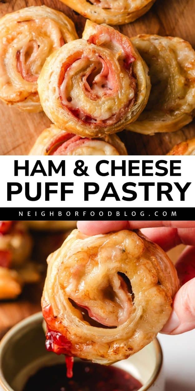Ham and Cheese Puff Pastry Pinwheels, one being dipped into raspberry sauce.