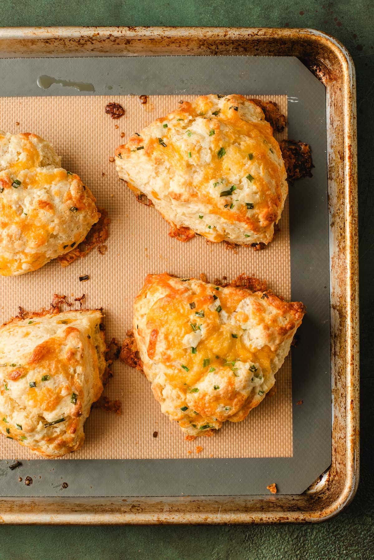 Baked cheddar chive scones on a sheet pan.